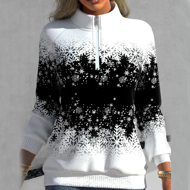 Sweater with Snowflake Print and Zipper