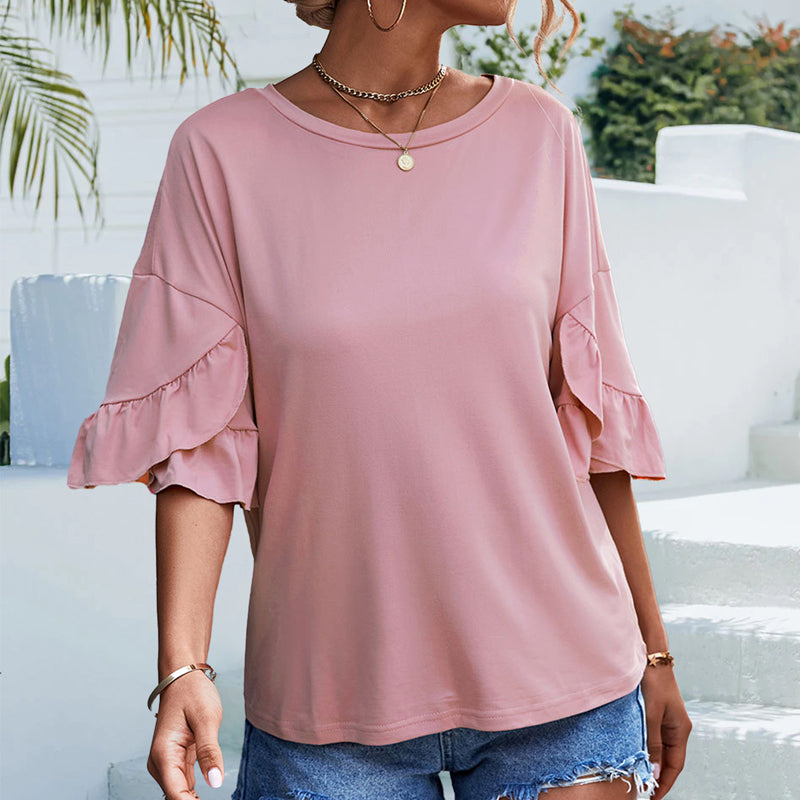 Solid Color Round Neck Ruffle Sleeve T-Shirt