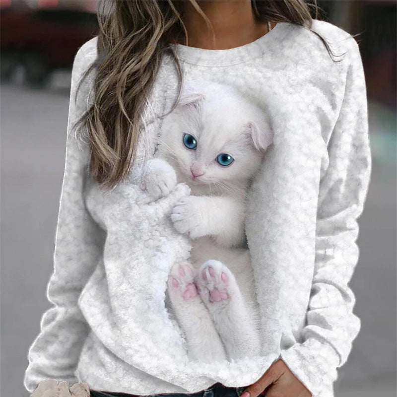 Round Neck Cat Print Sweatshirt