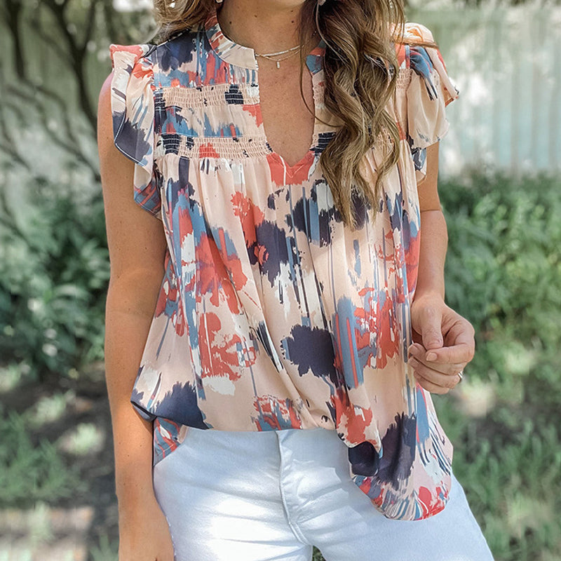 Printed Ruffle Trim V-Neck Chiffon Shirt