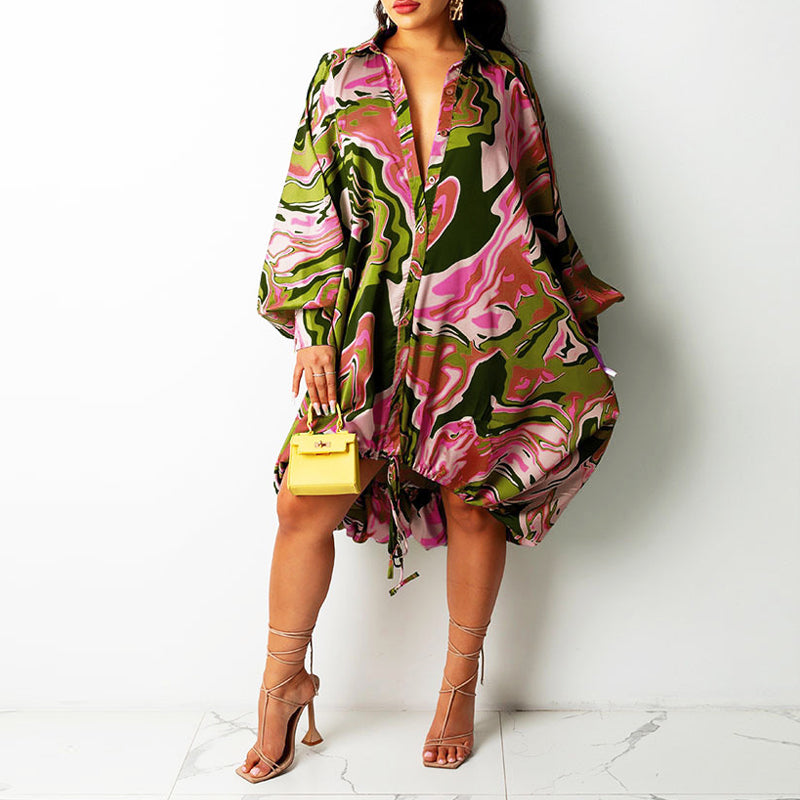 Modern Lapel Drawstring Shirt Dress