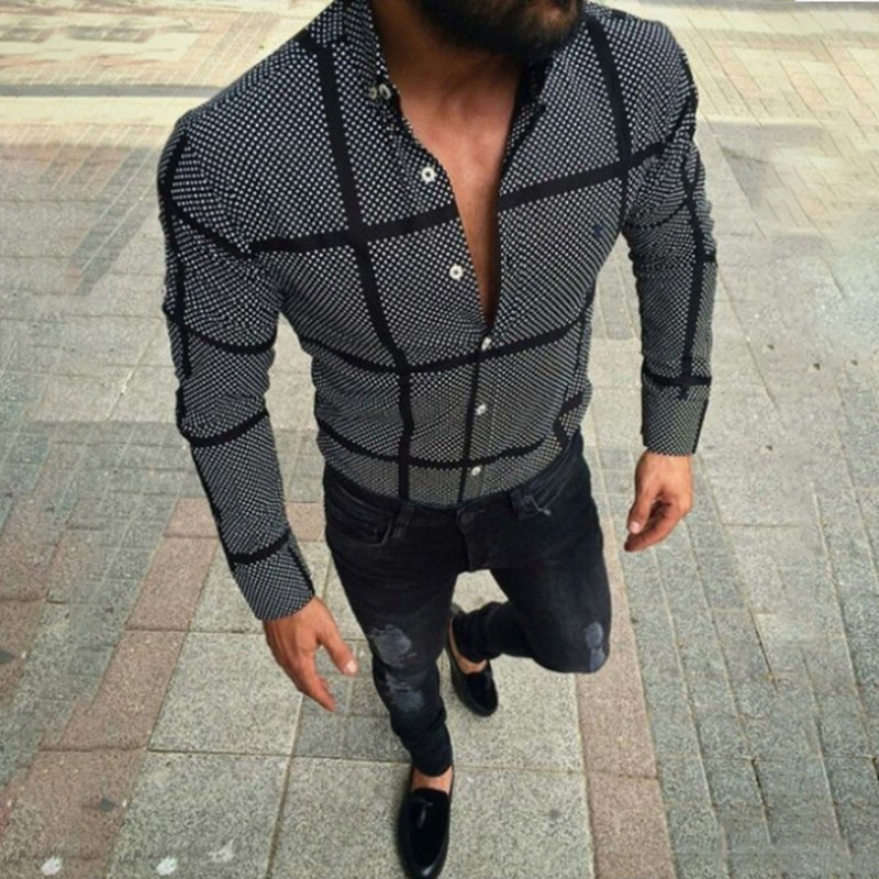 Men's casual black plaid shirt