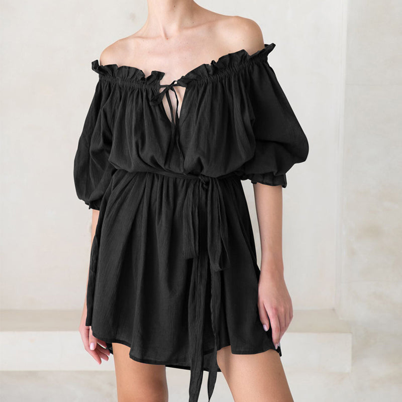 Offset Neck Tether Sexy Ruffle Dress