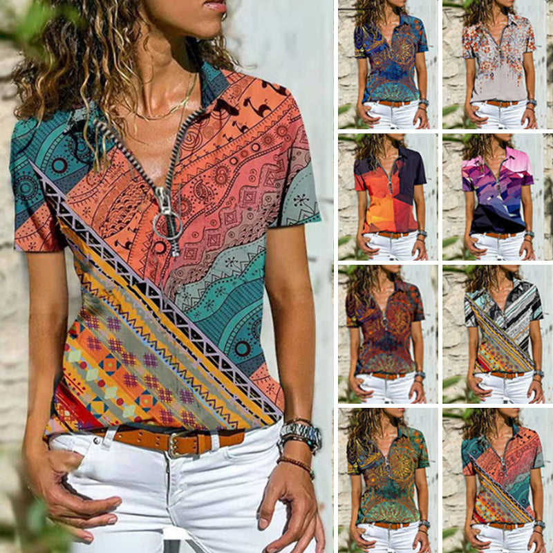 Bohemian West Ethnic Zip Short Sleeve T-Shirt