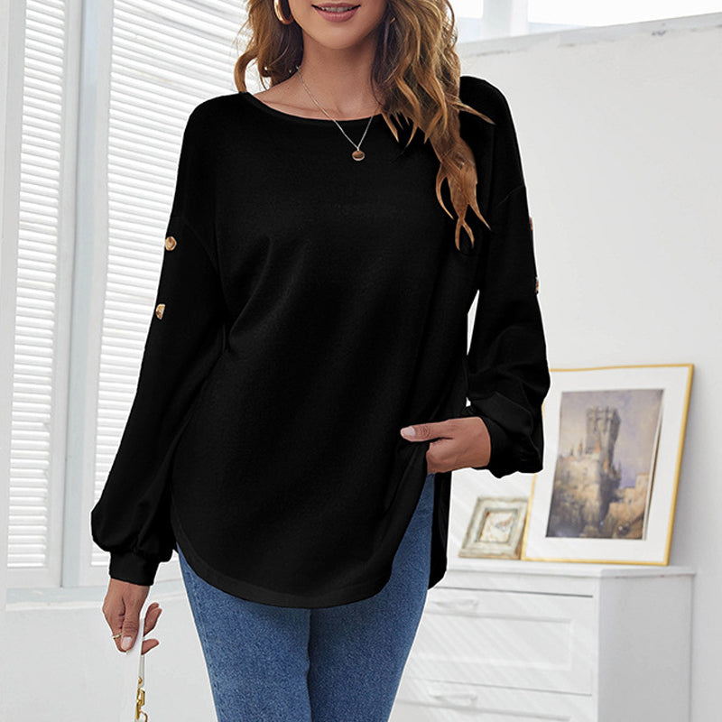 Round Collar Loose Leisure Lantern Buckle T-shirt