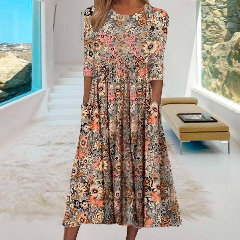 Printed Crew Neck Pocket Dress