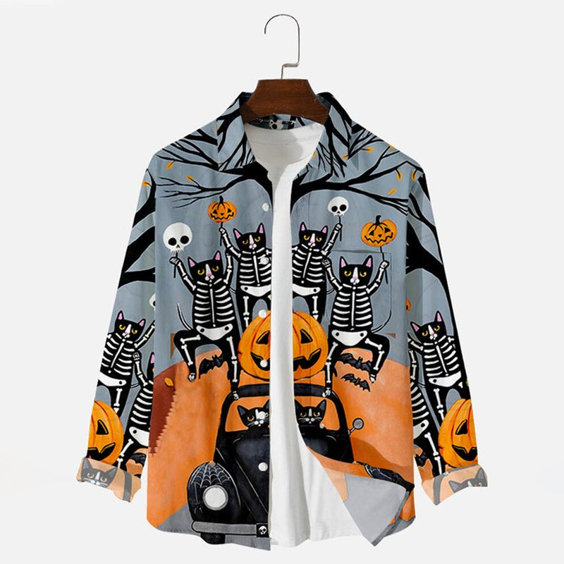 Halloween Skull Pumpkin Print Casual Loose Shirt