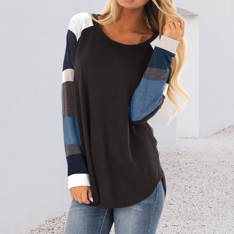 Round Neck Contrast Panel Long Sleeve T-Shirt