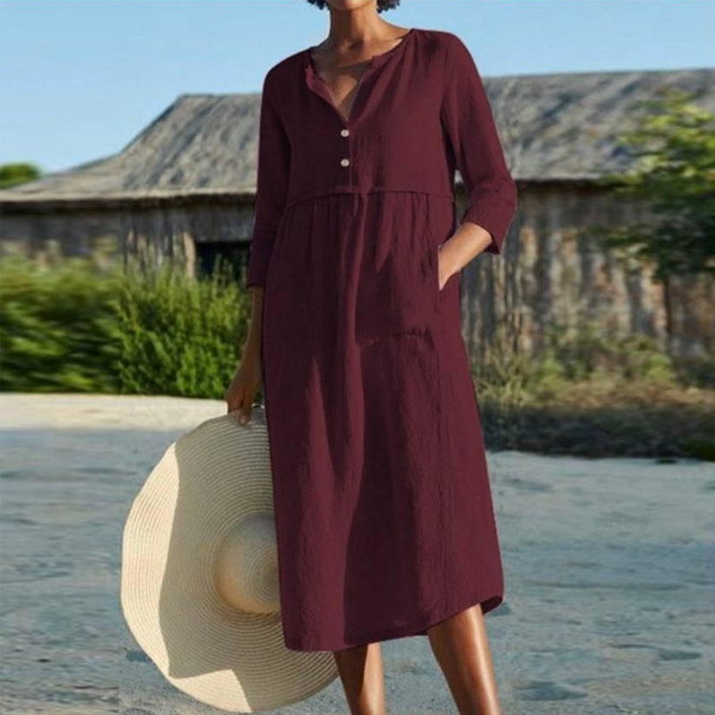 Cotton Linen Solid Color Long Dress with Pockets