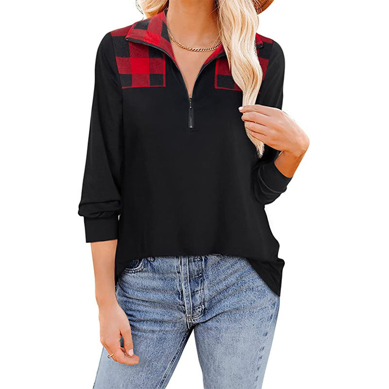 Check Lapel Zip T-Shirt