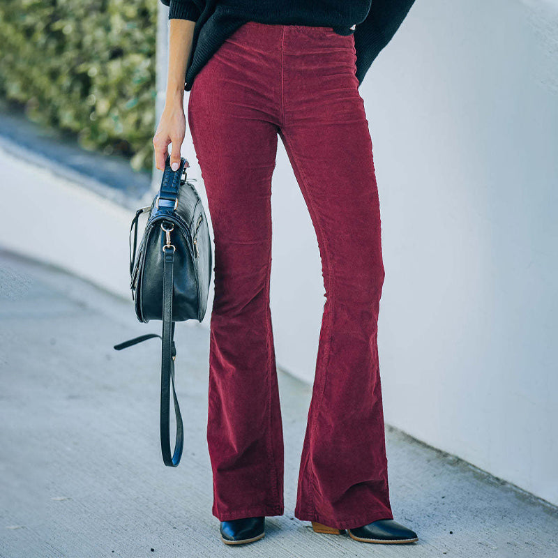 Women Corduroy Flare Pants Elastic Waist Bell Bottom Trousers