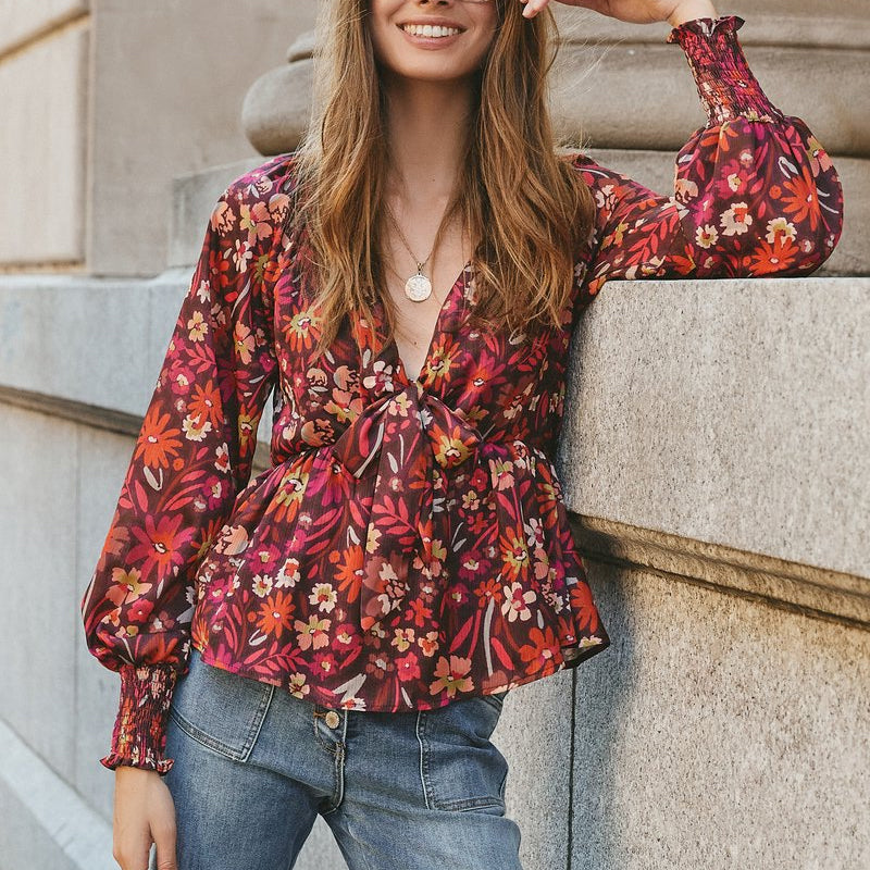 Printed Bow Tie High Waist Long Sleeve Top
