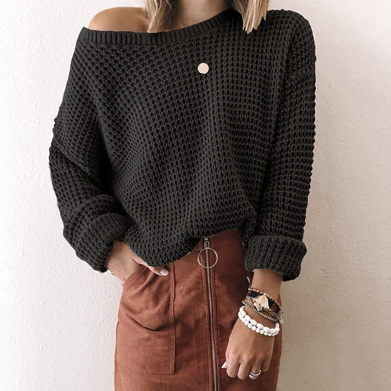 Ladies Solid Color Loose Diagonal Collar Long Sleeve Sweater
