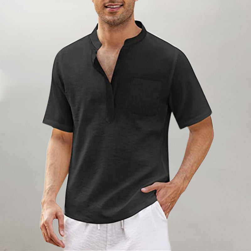 Men's Linen Cotton Shirt Black Stand Collar T-Shirt