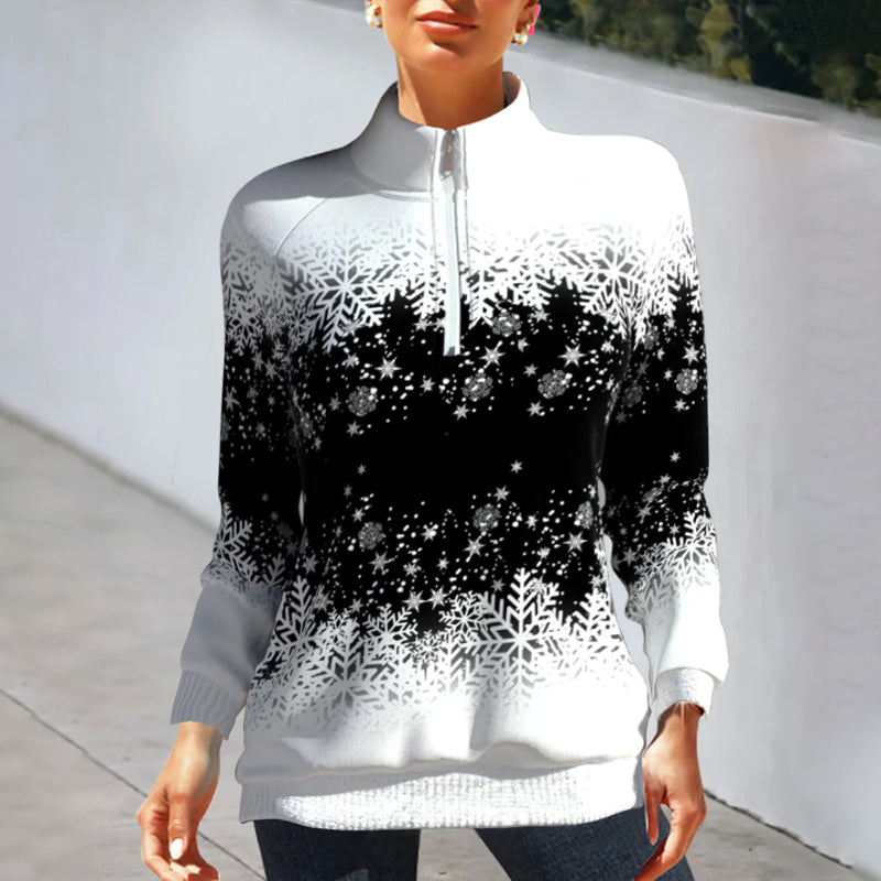 Sweater with Snowflake Print and Zipper