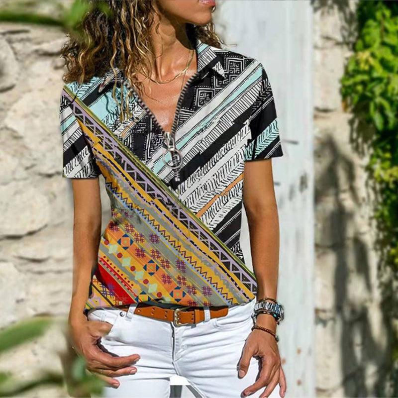 Bohemian West Ethnic Zip Short Sleeve T-Shirt