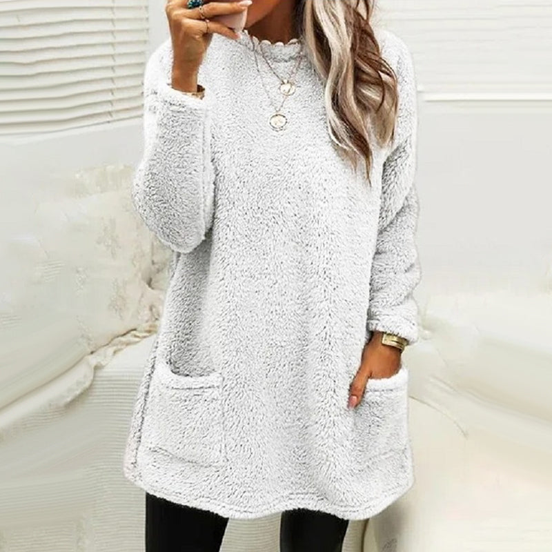 Pocket Crew Neck Casual Warm Long Sleeve T-Shirt Dress