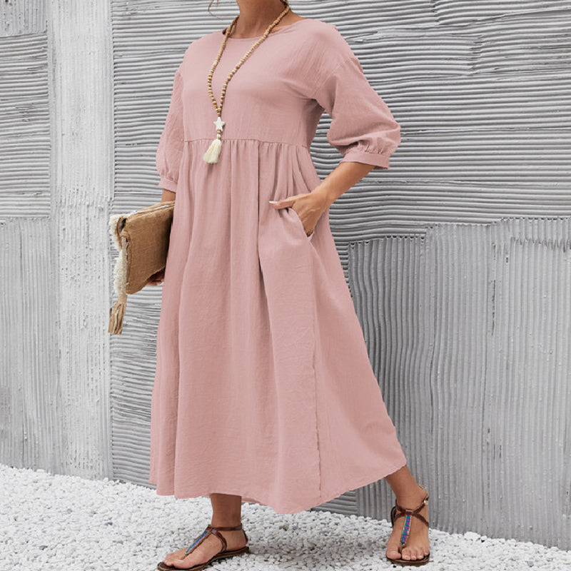 Solid Color Lantern Sleeve Loose Cotton Linen Dress