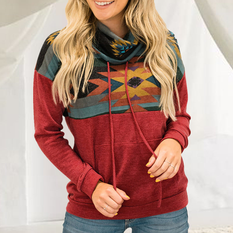 Sun Totem Print Ethnic Turtleneck Hoodie