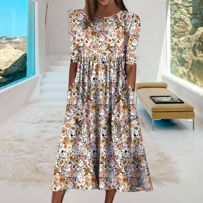 Printed Crew Neck Pocket Dress