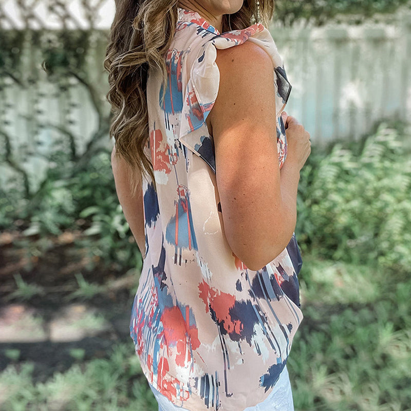 Printed Ruffle Trim V-Neck Chiffon Shirt