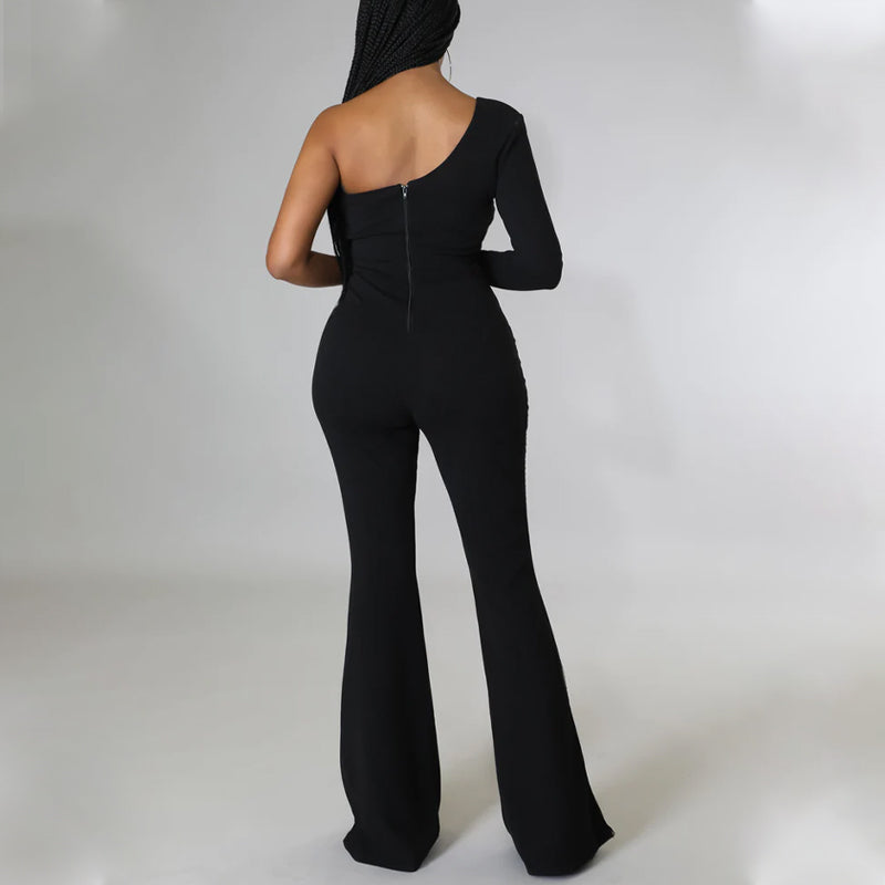 One Shoulder Sequined Mesh Paneled Party Jumpsuit