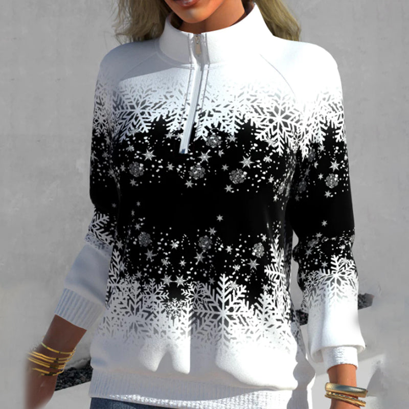 Sweater with Snowflake Print and Zipper