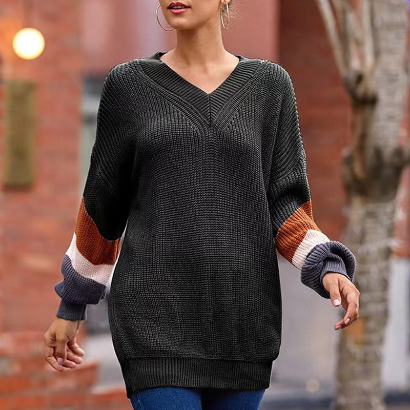 V-Neck Balloon Sleeve Striped Colorblock Knit Sweater