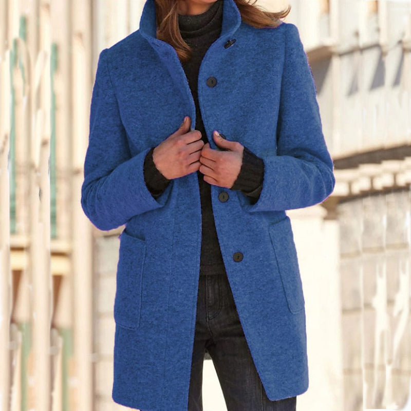 Solid Color Button Stand Collar Woolen Jacket