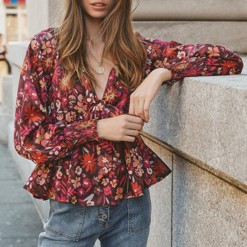 Printed Bow Tie High Waist Long Sleeve Top