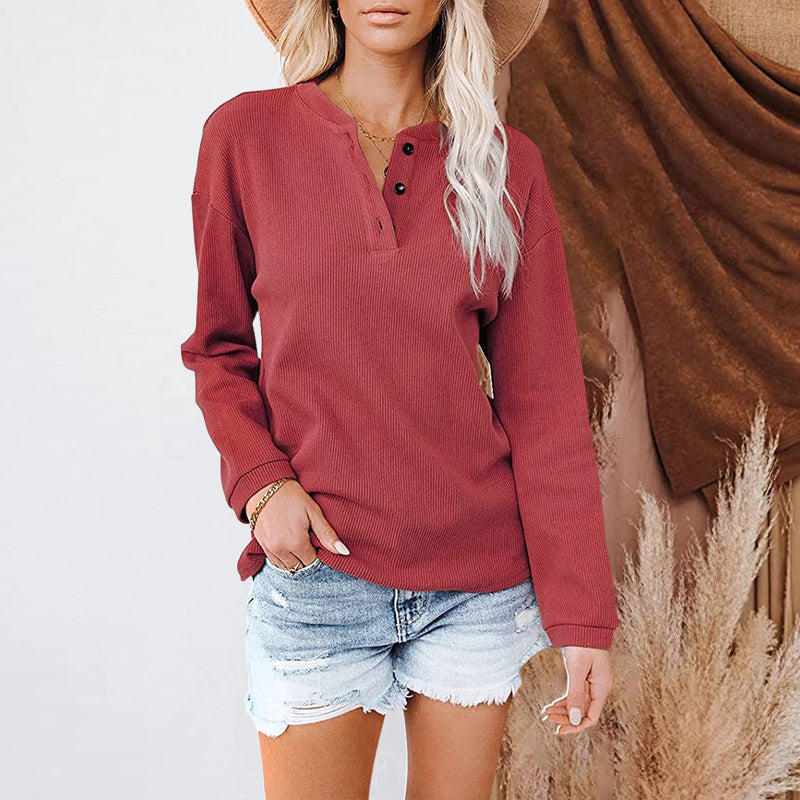 V-neck Solid Color Long-sleeved Top T-shirt