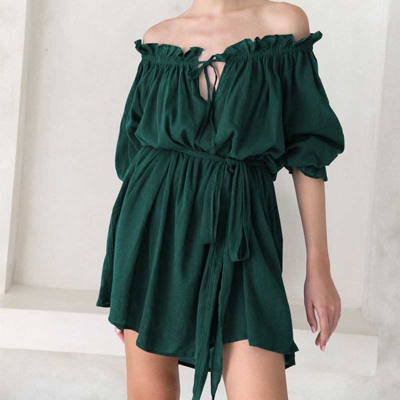 Offset Neck Tether Sexy Ruffle Dress