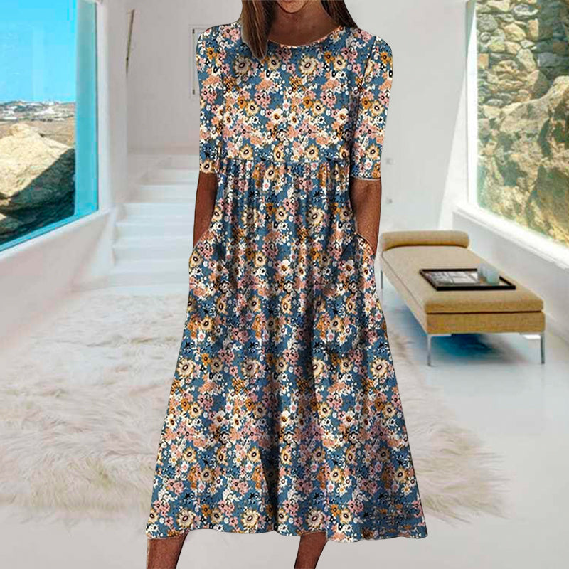 Printed Crew Neck Pocket Dress