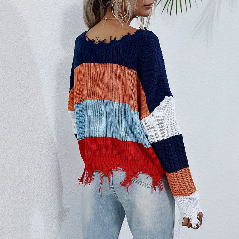 V-neck Irregular Frayed Cropped Sweater