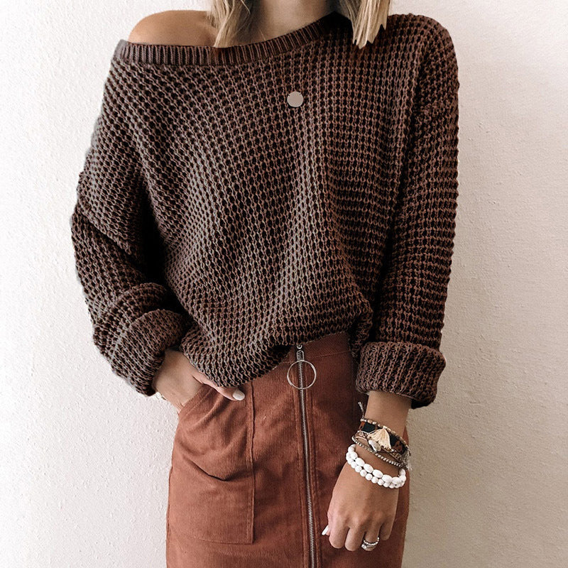Ladies Solid Color Loose Diagonal Collar Long Sleeve Sweater