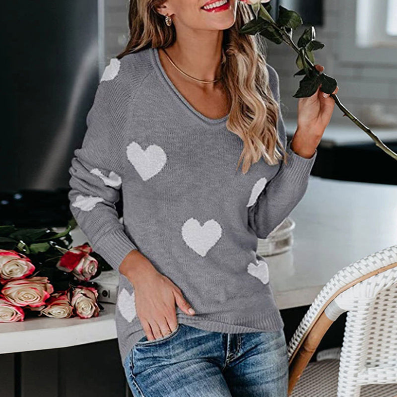 Heart V-Neck Knit Long Sleeve Sweater