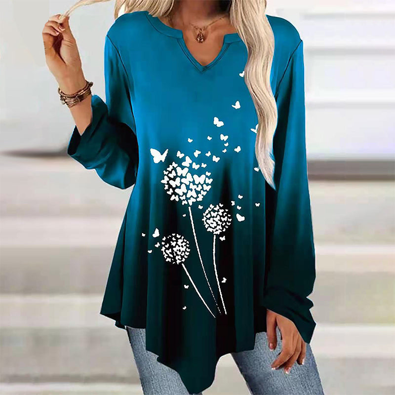 Gradient-print Ruffled Hem Long-sleeved T-shirt