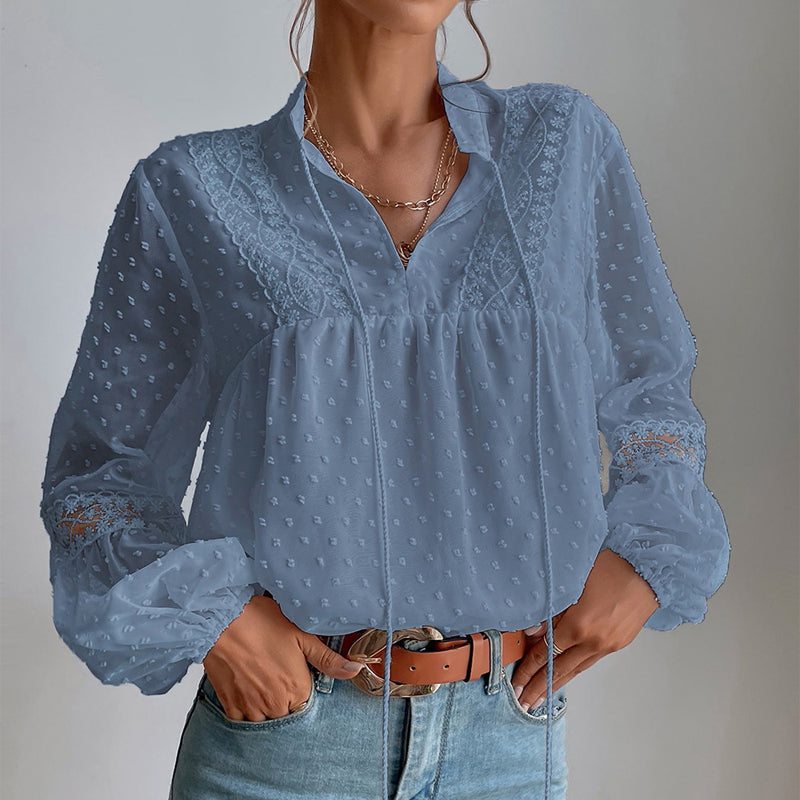 Polka Dot Chiffon Lace Panel Loose Blouse