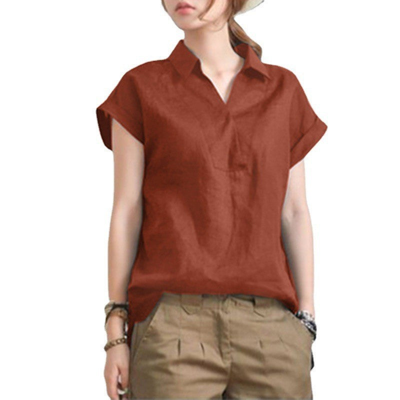Elegant Loose V-neck Cotton Linen Short Sleeve Shirt