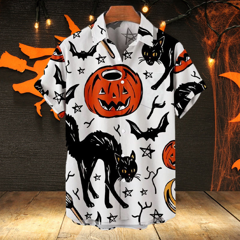 Men's Casual Halloween Cat Pentagram Print Shirt
