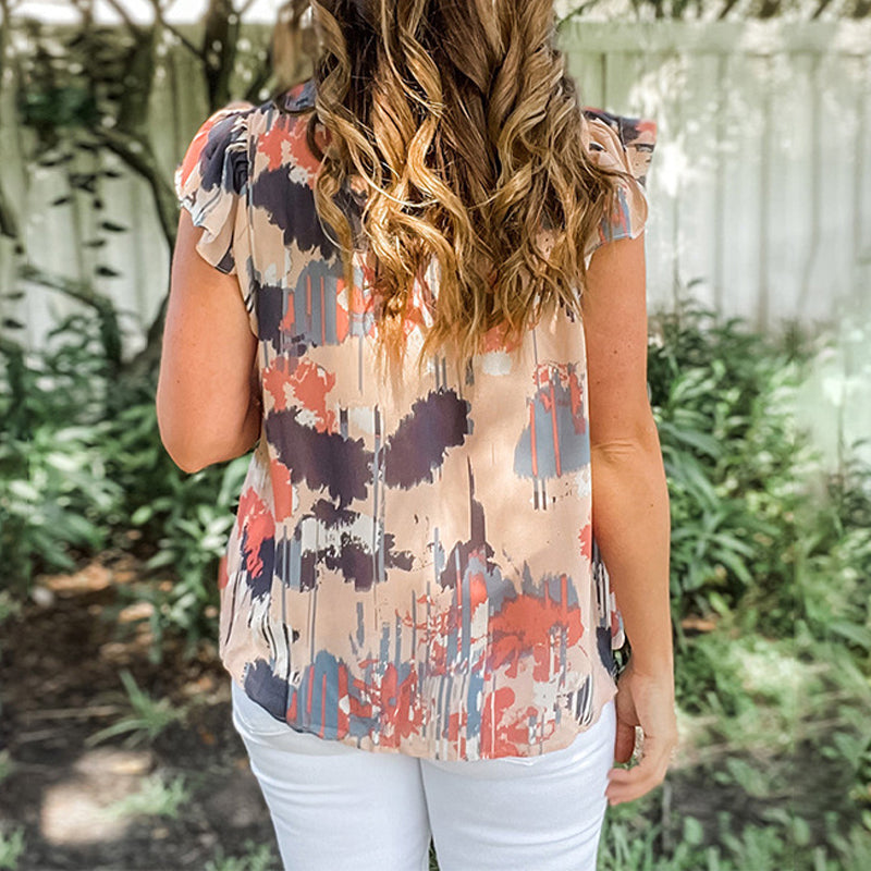 Printed Ruffle Trim V-Neck Chiffon Shirt