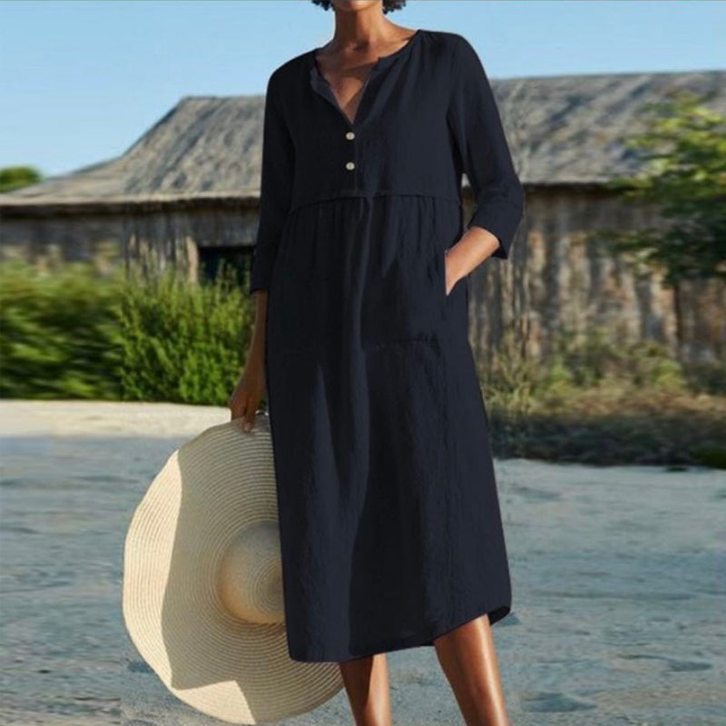 Cotton Linen Solid Color Long Dress with Pockets