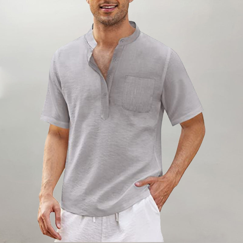 Men's Linen Cotton Shirt Black Stand Collar T-Shirt