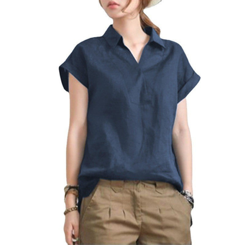 Elegant Loose V-neck Cotton Linen Short Sleeve Shirt