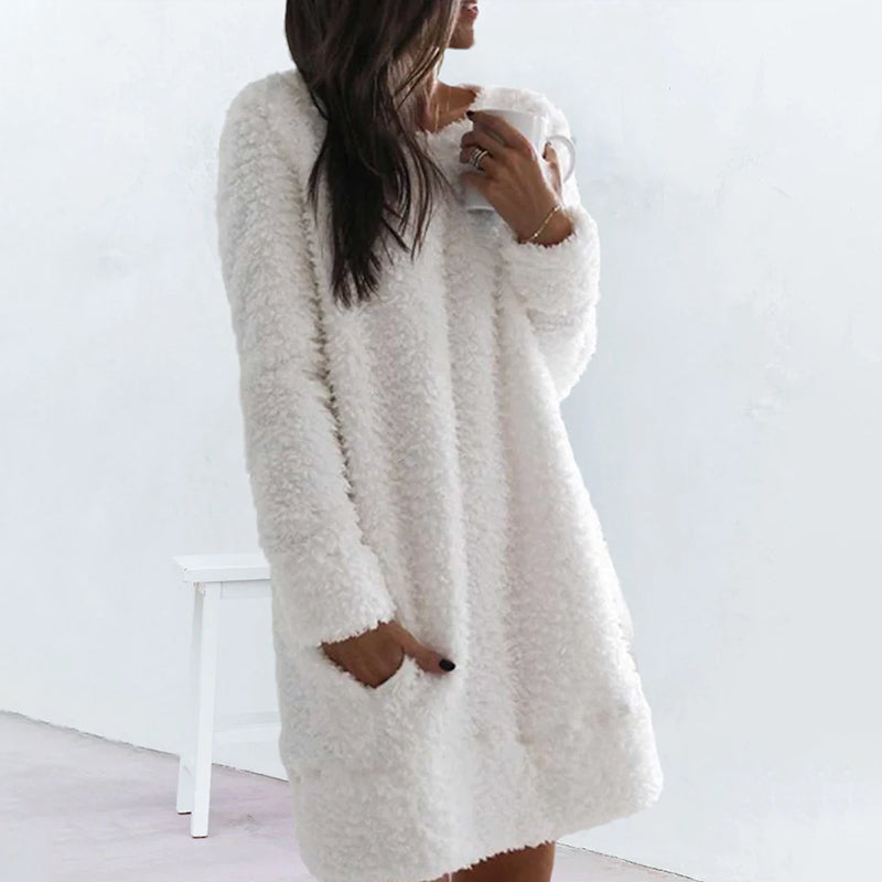 Solid Color Round Neck Warm Dress