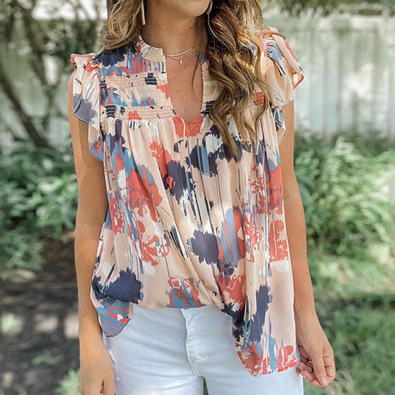 Printed Ruffle Trim V-Neck Chiffon Shirt