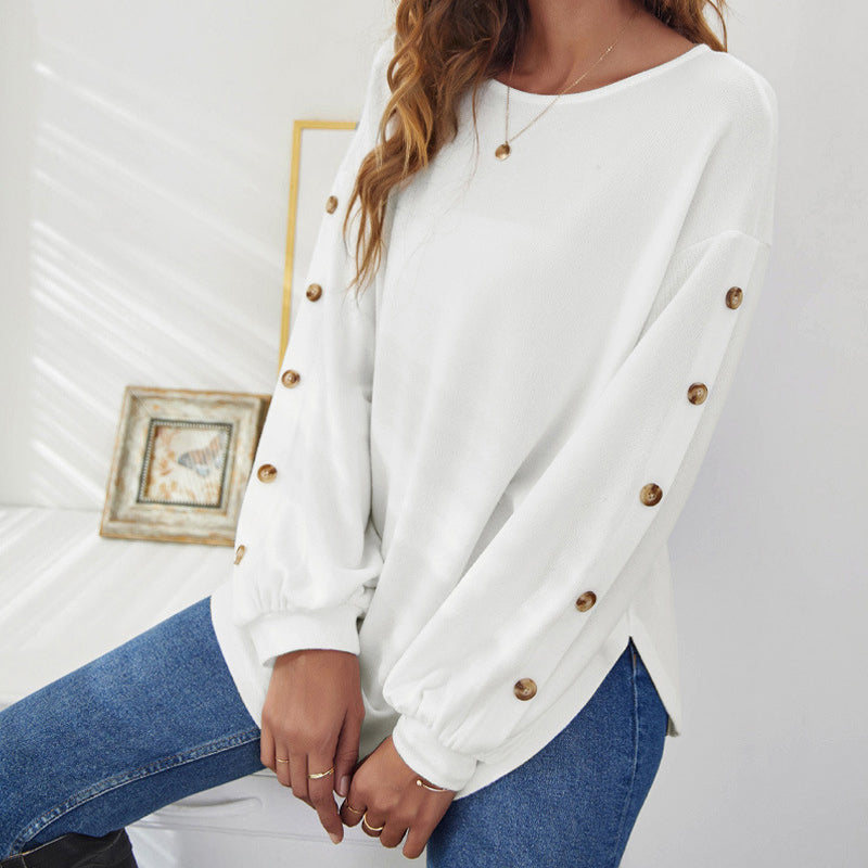 Round Collar Loose Leisure Lantern Buckle T-shirt