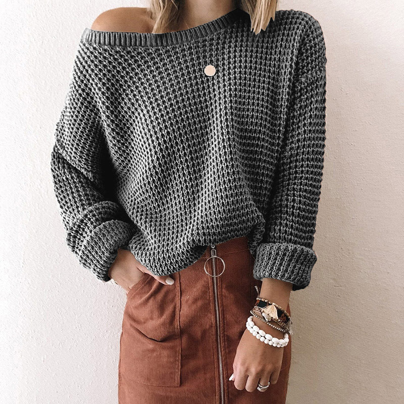 Ladies Solid Color Loose Diagonal Collar Long Sleeve Sweater