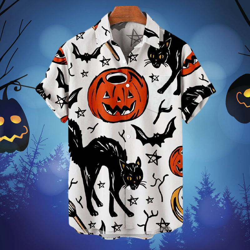 Men's Casual Halloween Cat Pentagram Print Shirt