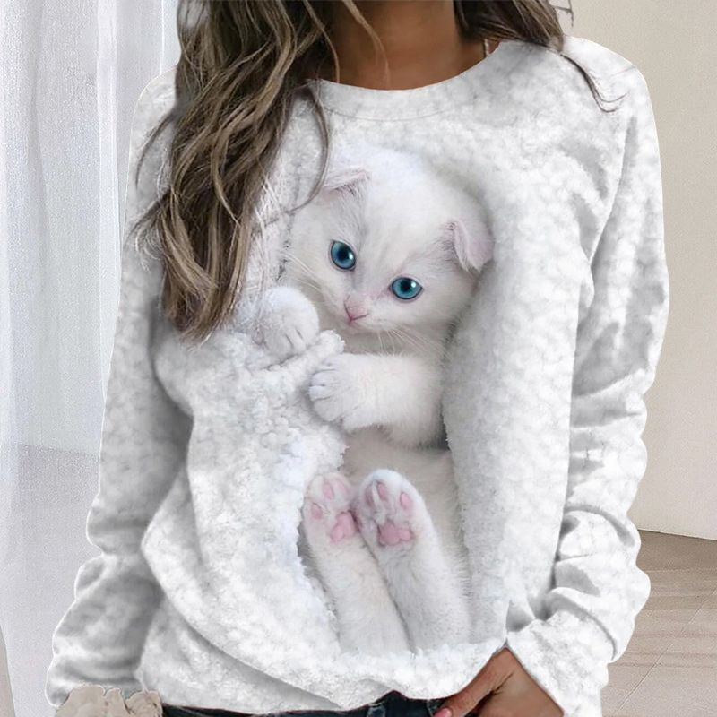 Round Neck Cat Print Sweatshirt